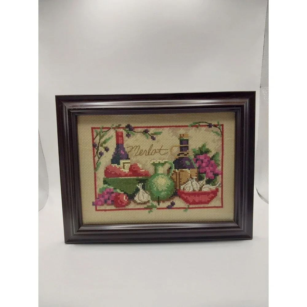 Finished Framed Cross Stitch Susan Winget Mediterranean Flavors Wine Kitchen Art